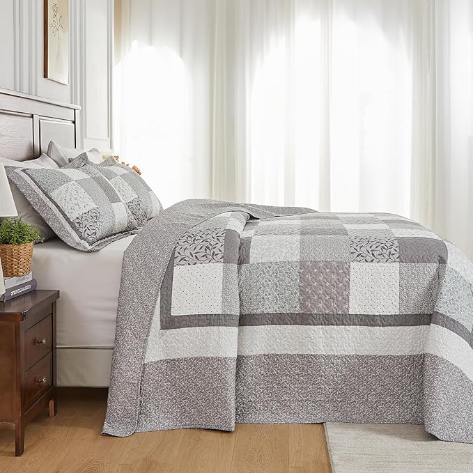 SahSahCasa 100% Cotton 102"x120" Oversized Queen Quilt Bedspread - Quilted Extra Large Comforter Lightweight Bedding Set, XL Plaid Patchwork Wide Bed Spread Coverlet, 3pcs, Taupe Gray