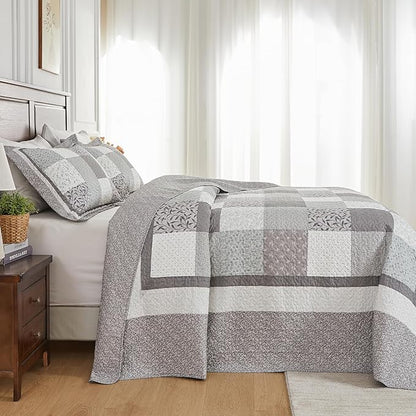 SahSahCasa 100% Cotton 102"x120" Oversized Queen Quilt Bedspread - Quilted Extra Large Comforter Lightweight Bedding Set, XL Plaid Patchwork Wide Bed Spread Coverlet, 3pcs, Taupe Gray
