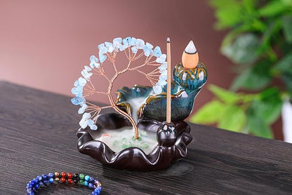 Jovivi Backflow Incense Burner Ceramic Incense Waterfall, Natural Aquamarine Healing Crystal Money Tree Incense Holder for Wealth, Good Luck, Yoga Meditation, Home Decor