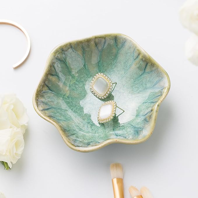 Ceramic Ring Dish, Jewelry Dish Holder, Small Trinket Tray Plate for Earrings Rings Necklaces Keys, for Mom Friend Sister, Retro Green