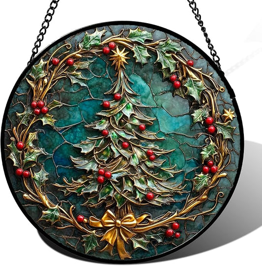 DASTOLL Stained Glass Window Hangings - Red Gold Green Wreath Suncatcher for Door Home Christmas Tree Decoration Sun Catcher Thanksgiving New Year Birthday Gift for Women Men Mom Grandma 9.8 in
