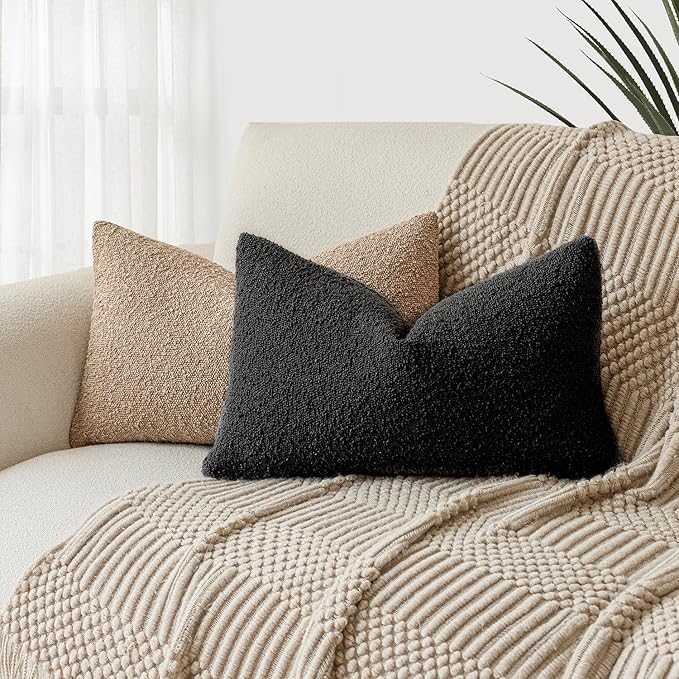 Foindtower Decorative Textured Boucle Throw Pillow Covers Accent Solid Lumbar Pillow Cases Neutral Soft Cozy Couch Cushion Case for Chair Sofa Bedroom Living Room Home Decor 12 x 20 Inch,Black