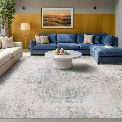 Modern Farmhouse Area Rug for Living Room - 10x14 Blue Gray Big Rug for Dining Room Table, Lightweight Foldable Low Pile Washable