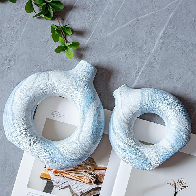 Blue Vases Set of 2, Boho Donut Vase for Table Centerpiece, Modern Hollow Vases Ceramic Decoration for Living Room, Nordic Home Decor for Coffee Table Shelf