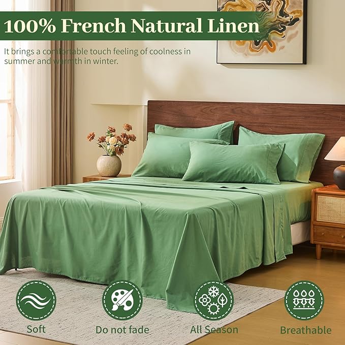 MEISHANG 100% French Pure Linen Sheets Queen Size - Bed Sheets 4 Piece Sets, Soft Durable Flax Linen, Anti-Tear Breathable Oeko-Tex Certified with 16" Deep Pocket (Sage Green)