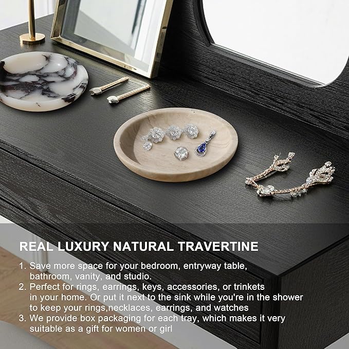 Travertine Jewelry Dish Tray - Decorative Stone Catchall Bowl for Entryway Table, Keys & Rings Holder, Natural Marble Home Decor Organizer (5.5 Inch)