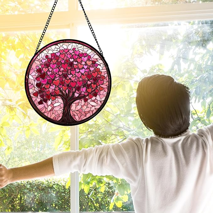 DASTOLL Stained Glass Window Hanging, Pink Love Tree of Life Sun Catchers Colorful Glass Panel Suncatcher Decor for Birthday for Women, Men, Wife, Lovers, and Mom 11.8x11.8 in