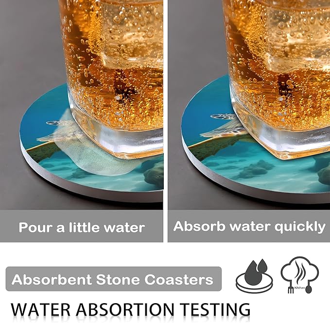Drink Coasters for Drinks Set of 6,Sea Turtles Absorbent Round Ceramic Stone Mat Coaster, with Cork Base and Metal Holder, Home Bar Decor House Warming Gift