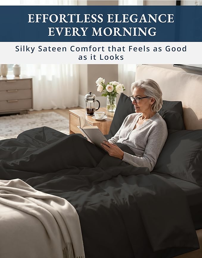 100% Egyptian Cotton Sheets Queen Size Bed Set – 1000 Thread Count Naturally Cooling & Breathable Sateen Queen Sheets Set, Long-Staple Cotton for Lasting Softness, Snug Fit 15" Deep Pocket - Black