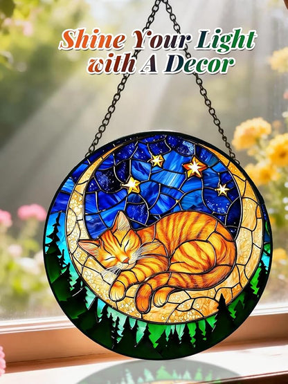 Stained Glass Window Hanging, Orange Sleeping Cat Suncatcher for Door Home Decor Moon Starry Night Sun Catcher Ornament Mother's Day Birthday Gifts for Women Men Mom 7.8 in