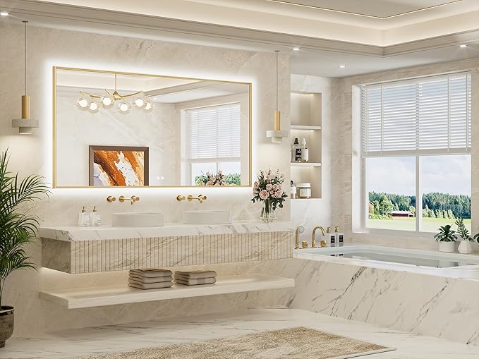 TETOTE 72 x 36 Backlit Bathroom Mirror Brushed Gold Metal Frame LED Light Vanity 3-Color White/Warm/Natural Stepless Dimmable Anti-Fog Backlight Mirror Wall-Mounted