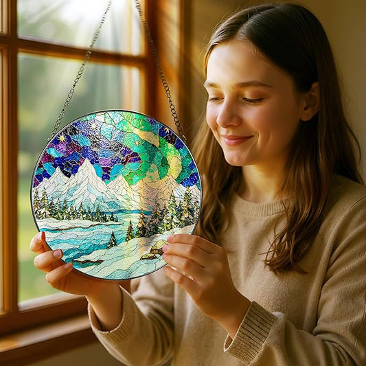 8-Inch Stained Glass Ornament, Stained Glass Window Hanging, Window Hanging Decor Suncatcher, Mountain Landscape Ornament | Holiday, Mother’s Day, Birthday | Gifts for Nature Lovers, Friend & Family