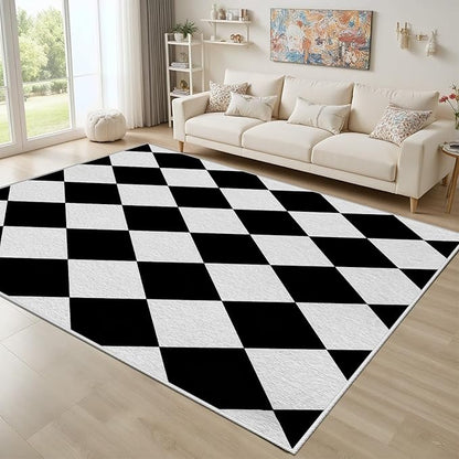 Checkered Rug, Black White Rug, Washable Rugs 5x7, Geometric Rhombus Plaid Area Rugs, Grid Gingham Carpet for Living Room Non Slip Home Decor