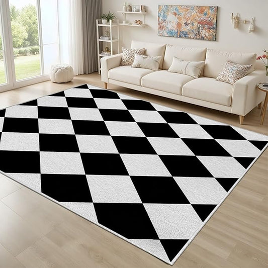 Checkered Rug, Black White Rug, Washable Rugs 4x6, Geometric Rhombus Plaid Area Rugs, Grid Gingham Carpet for Living Room Non Slip Home Decor