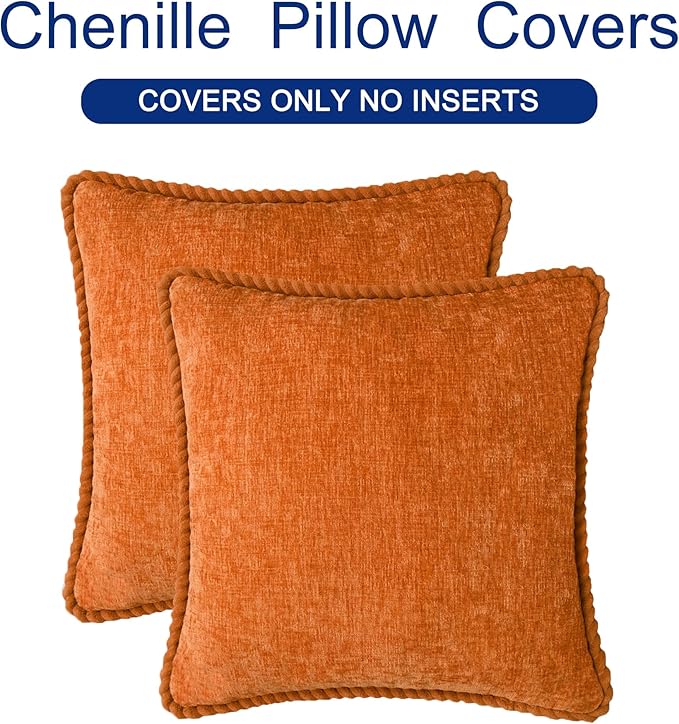 CaliTime Fall Decorative Couch Throw Pillow Covers 20 X 20 Inches Pack of 2 Cozy Chenille Piping Edge Cushion Cases for Sofa Bed Living Room Home Burnt Orange