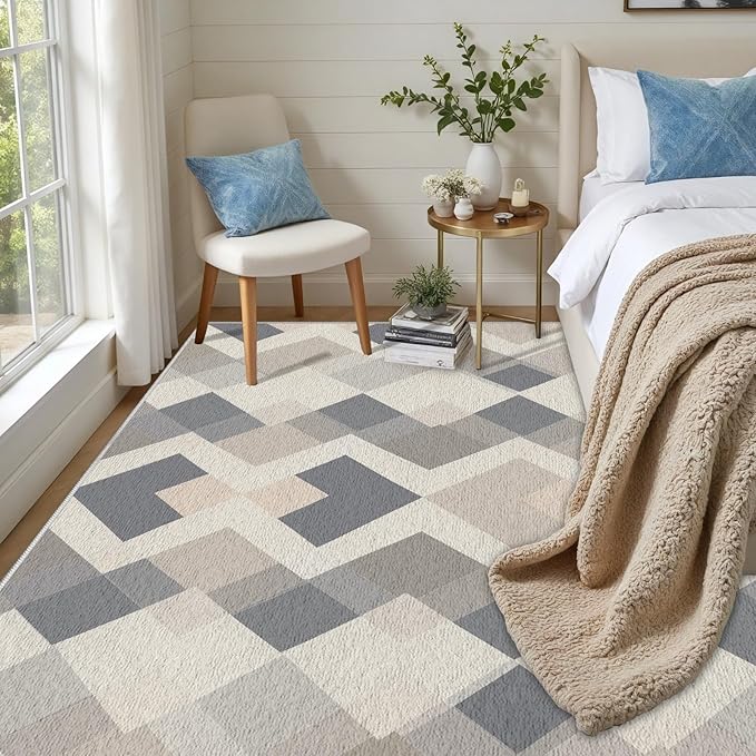 Modern Area Rug Living Room Rugs 6x8, Minimalist Soft Boho Geometric Rug, Non-Slip Washable Low Pile Non Shedding Carpet for Bedroom Office Dining Room Kitchen Nursery, Gray Beige White