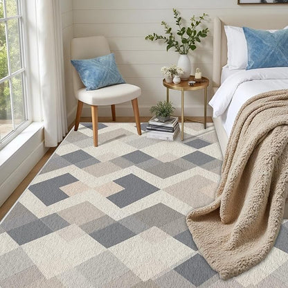 Modern Area Rug Living Room Rugs 6x9, Minimalist Soft Boho Geometric Rug, Non-Slip Washable Low Pile Non Shedding Carpet for Bedroom Office Dining Room Kitchen Nursery, Gray Beige White