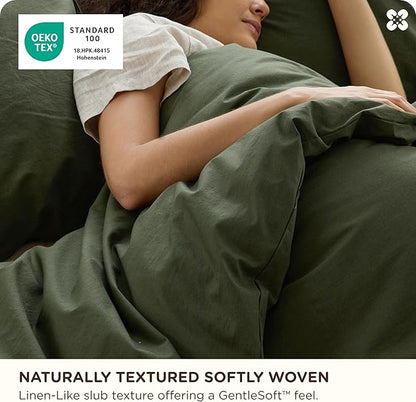 Bedsure Cotton Duvet Cover Full - Luxury Slub Weave 100% Cotton Duvet Cover with a Linen Like Textured, Easy Change Durable Bedding, Olive Green, 80" x 90"