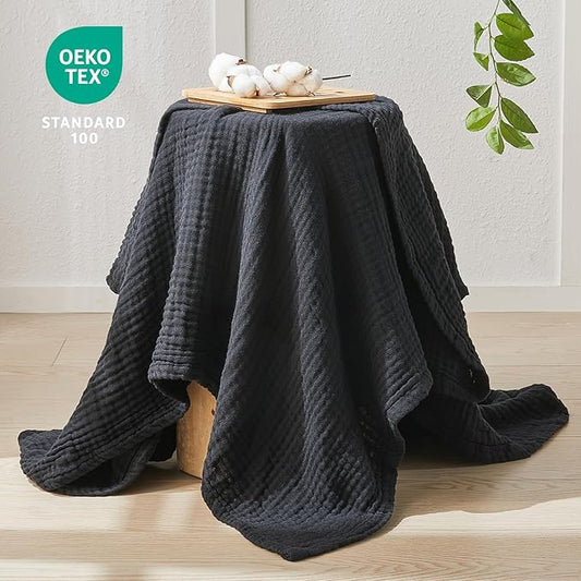 EMME Cotton Muslin Twin XL Blanket Breathable Gauze Blanket Soft Lightweight Blankets Adults Gifts for Women (Black, 66"x90")
