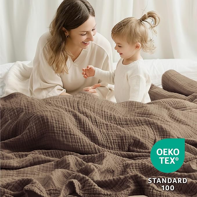 100% Cotton Muslin Blanket Large 50"x 70", Breathable and Lightweight Cotton Throw Blanket for Bed and Couch, Soft Cooling Summer Gauze Blanket for Adults All Season, Linen Brown