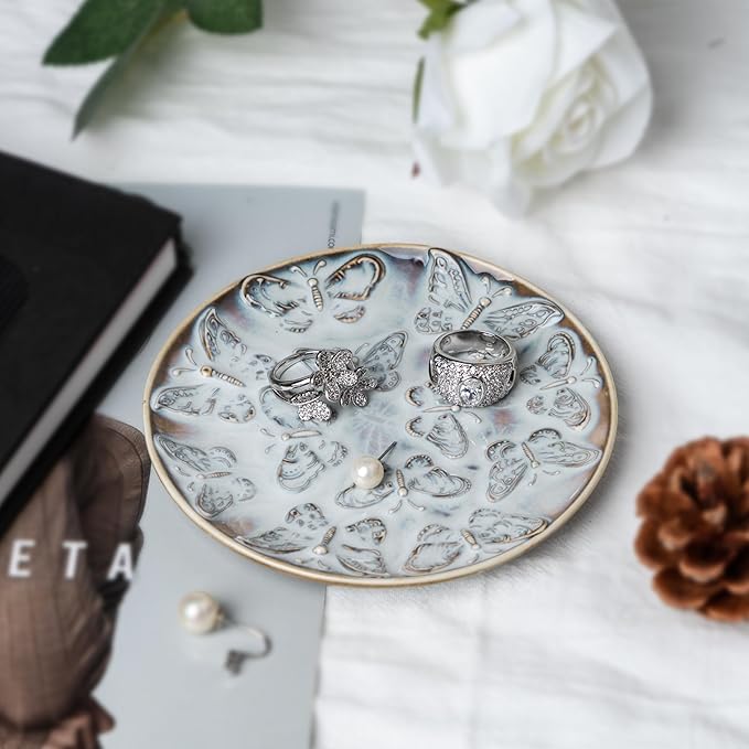 Ceramic Jewelry Dish, Decorative Tray for Rings Earrings Necklaces Bracelet Watch Keys, 4.50" Trinket Tray as Gifts for Women (Reactive Butterflies)