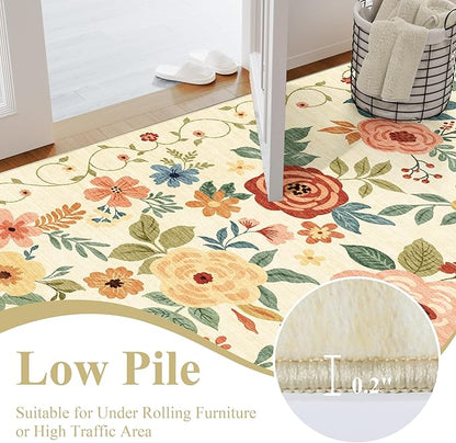 DUKINO 5x7 Area Rug, Floral Rugs for Living Room, Lightweight Non Slip Washable Rug, Indoor Low Pile & Non-Shedding Boho Design Rugs for Bedroom, Living Room, Dining Room, Beige Yellow