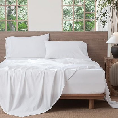 MooMee Bedding Sheet Set 100% Washed Cotton Linen Like Textured Breathable Durable Soft Comfy (Solid Bright White, California King)