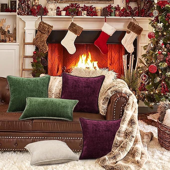 decorUhome Spring Chenille Soft Throw Pillow Covers 20x20 Set of 2, Farmhouse Velvet Neutral Decorative Pillow Covers with Stitched Edge for Couch Sofa Bed Home Decor, Rhododendron