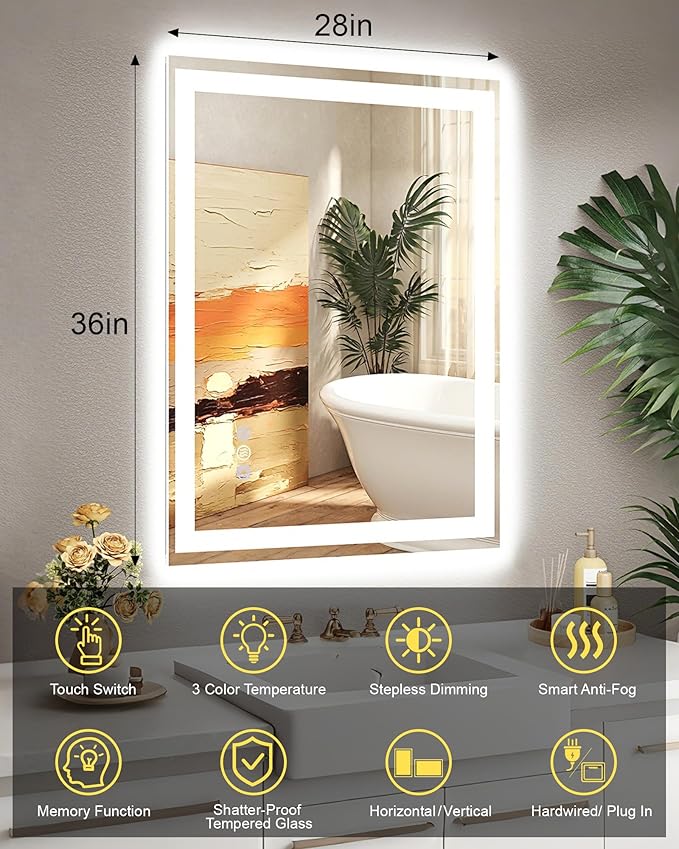 28"x 36" LED Mirror for Bathroom, Front and Backlit Controlled Separately LED Vanity Mirror with Lights, Wall-Mounted LED Smart Mirror, 3 Colors, Stepless Dimmable, Anti Fog, Memory (ETL)