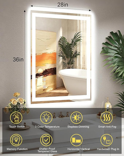 28"x 36" LED Mirror for Bathroom, Front and Backlit Controlled Separately LED Vanity Mirror with Lights, Wall-Mounted LED Smart Mirror, 3 Colors, Stepless Dimmable, Anti Fog, Memory (ETL)
