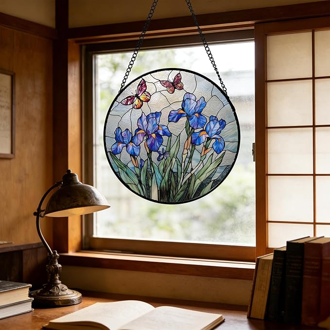 DASTOLL Stained Glass Window Hanging, Blue Iris Flowers Butterfly Suncatcher Diamond Colorful Glass Panel Sun Catchers Decor for Birthday for Women, Men, Wife, Aunt, and Mom 7.8 in