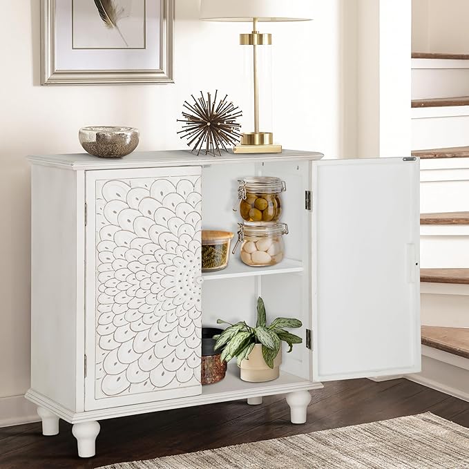 MAISON ARTS White Accent Cabinet with 2 Doors, Farmhouse Distressed Storage Cabinet w/Solid Wood Legs for Living Room Entryway, Kitchen Sideboard Buffet Cabinet, Feather Pattern
