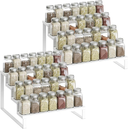 Spice Rack, Wooden Display Riser Stand, Set of 2, Perfume Organizer, Vanity Display Stand, Tiered Countertop Organizers, Space Saving, for Kitchen Spices, Syrup, Coffee Mugs, White SR04L2WW