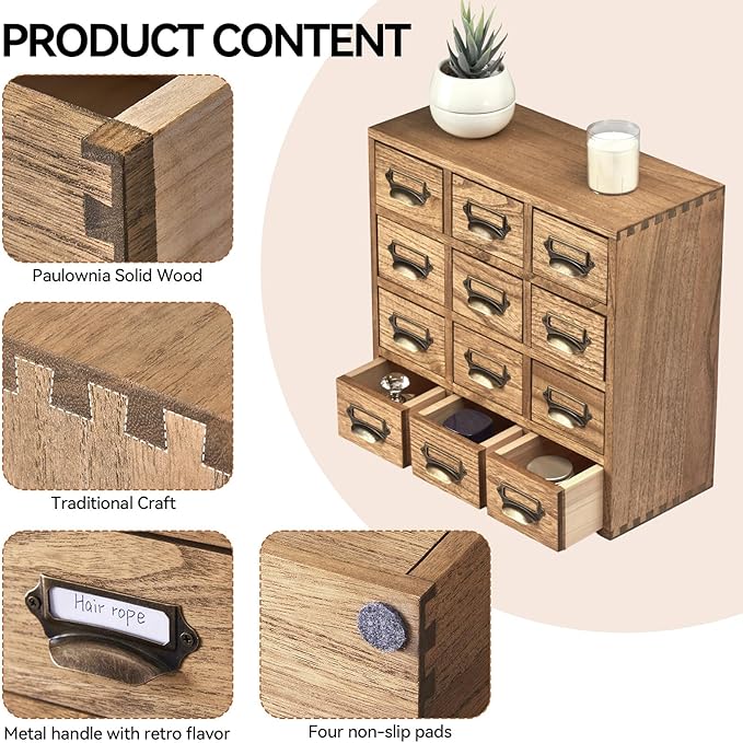 KIRIGEN Wooden Desk Storage Cabinet 12 Drawers Mini Chest with Metal Handles Desktop Organizer Storage Box for Home Office Dark Brown(12CG-DBR)