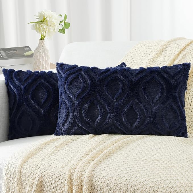 decorUhome Spring Throw Pillow Covers 12x20 Inch Set of 2, Soft Plush Faux Wool Navy Blue Solid Couch Pillow Covers, Accent Farmhouse Neutral Square Pillow Cases for Sofa Bed Living Room