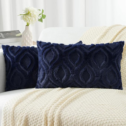 decorUhome Spring Throw Pillow Covers 12x20 Inch Set of 2, Soft Plush Faux Wool Navy Blue Solid Couch Pillow Covers, Accent Farmhouse Neutral Square Pillow Cases for Sofa Bed Living Room