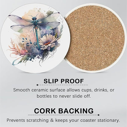 Dragonfly Drink Coasters for Drinks Set of 6,Watercolor Flowers Absorbent Round Ceramic Stone Mat Coaster,with Cork Base and Metal Holder, Home Bar Decor House Warming Gift