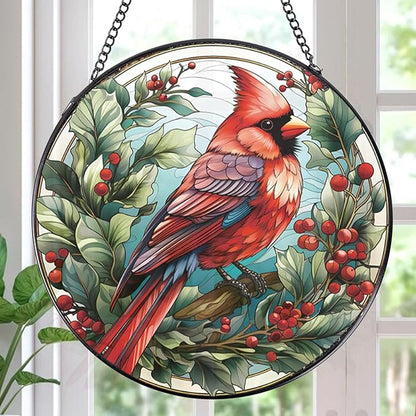 Rngmsi Cardinal Stained Glass Window Hanging Decor, 7.8″ Sun Catchers Stain Glass Window Hanging Indoor, Bird Suncatcher Home Wall Art Gift for Thanksgiving Christmas Housewarming