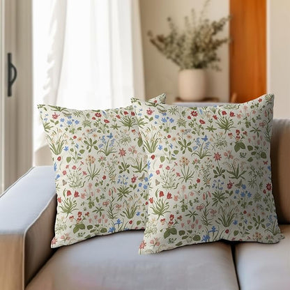 Vitage Floral Pillow Covers 16x16 Set of 2 Spring Green Red Cream Pattern Rustic Decorative Outdoor Farmhouse Zipper Flower Linen Pillowcases Decorations Throw Cushion Cover Decor for Couch Sofa Bed