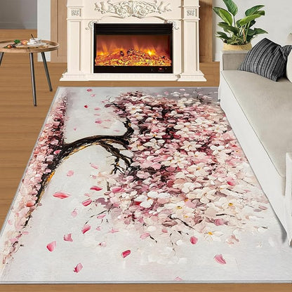 Graffiti Tree Washable Rugs 5x6 Rug for Living Room, Pink Petals 5x6 Rug Oil Painting Art Low-Pile Carpet for Bedroom Dining Non Slip Mat with Rubber Back