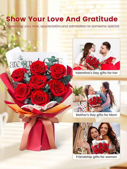 Mosstory Roses Bouquet 7-Piece Forever Flowers Bouquet Gift for Her Women Wife Mothers Anniversary Birthday Wedding (Red Roses)