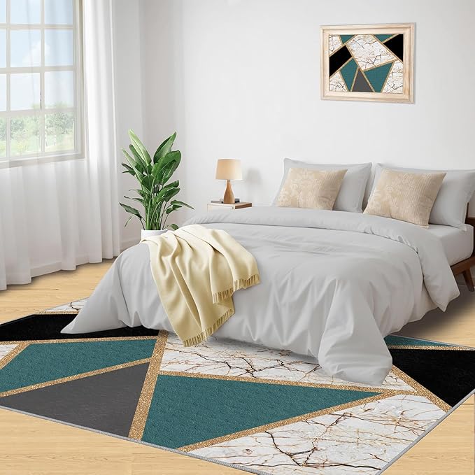 Emerald Green Marble Rug Modern Geometric Marble Area Rugs Light Luxury Geometric Striped Carpet Vintage Stone Crack Rug for Bedroom Living Room 6x9ft