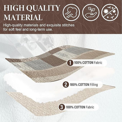 SahSahCasa 100% Cotton 120"x120" Oversized California King Bedspread Coverlet Quilt Set, Cal King Plaid Paisley Floral Extra Large Reversible XL Bed Spread Lightweight Comforter, Brown/Beige/Gray