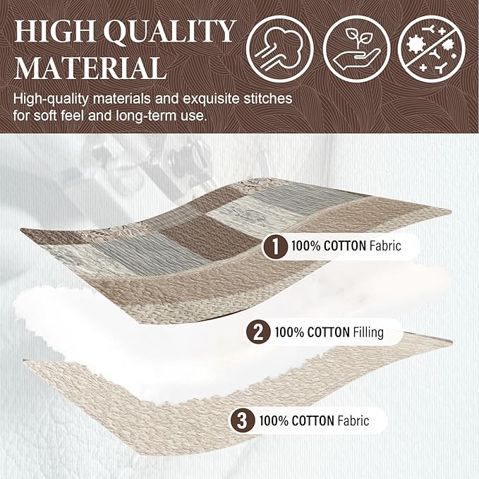 SahSahCasa 100% Cotton 120"x102" Oversized Queen Bedspread Coverlet Quilt Set, Plaid Paisley Floral Extra Large Reversible XL Bed Spread Lightweight Comforter, Brown/Beige/Gray