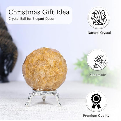 Crocon 50mm Camel Jasper Diamond Cut Stone Sphere Ball with Metal Stand 1400+ Carats Gemstone Ball Healing Ornament Rock Sphere Sculpture Figurine for Fengshui Divination Crystal Home Decor