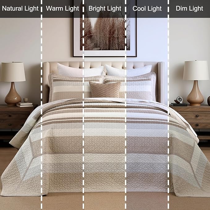 EWlinens 100% Cotton 120"x102" Oversized Queen Bedspread, Farmhouse Striped Patchwork Oversized Queen Quilted Bedspreads Coverlet Set, Extra Large Quilt Bed Spread, 3pcs Bed Blanket, Brown/Gray/White