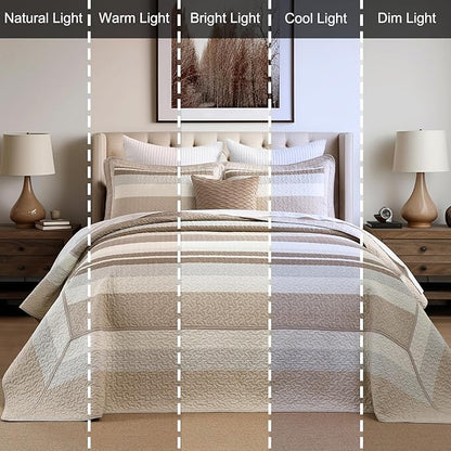 EWlinens 100% Cotton 120"x128" Oversized California King Bedspread, Farmhouse Striped Patchwork Oversized Cal King Quilted Bedspreads Coverlet Set, Extra Large Quilt Bed Spread, 3pcs, Brown/Gray/White