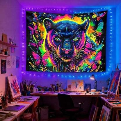 seewan Black Light Black Panther Tapestry, Glow-in-the-Dark UV Neon Butterfly and Black Panther Wall Hanging, Psychedelic Animal Art Tapestry, Bedroom Dorm Living Room Background Decor