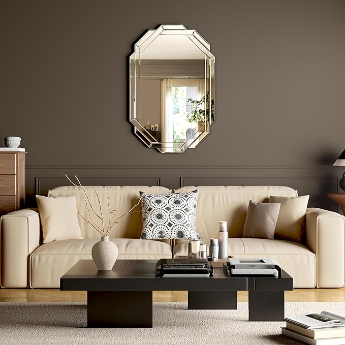 Octagonal Frameless Wall Mirror, 24'L x 35'W, Modern Bathroom Mirror with Beveled Edges