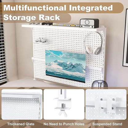 KEIKI Clamp-On Desk Pegboard with Single Monitor Stand, 43" x 35" Steel Peg Board Office Organizer with Hooks, Movable Panel & Shelf for Office Supplies, Gaming Setup & Desk Organization, White
